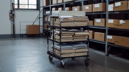 A well-organized storage room with neatly packed boxes and shelves, illustrating efficiency and order in logistics and inventory management.