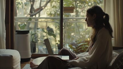 Sticker - A woman sits on a sofa by a large window, working on her laptop. Sunlight filters through leafy plants, creating a serene and productive atmosphere.