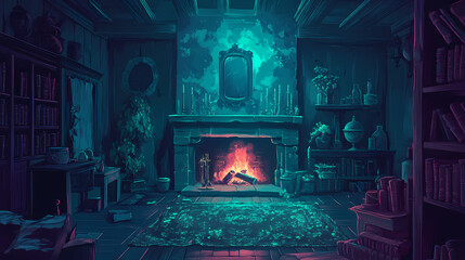 Wall Mural - Old witch spooky creepy fantasy haunted cottage house room interior with fireplace mysterious ancient wooden alchemy scene dark background. ai generative illustration. Witch's Cottage. Illustration