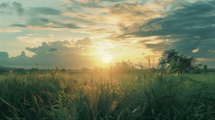 Poster - Verdant rolling hills bathed in warm, golden light, an idyllic pastoral scene under a serene and expansive sky.