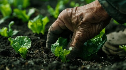 Wall Mural - A close-up of a hand carefully tending to a small leafy plant in a garden, embodying nurturing and the promise of new growth.