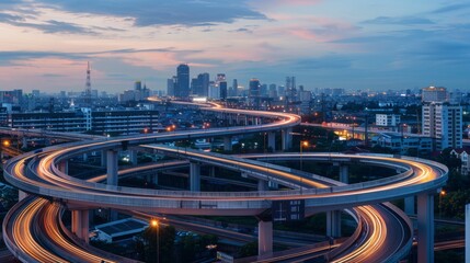 Canvas Print - Urban cityscape with intricate highway intersections glowing under the evening sky.