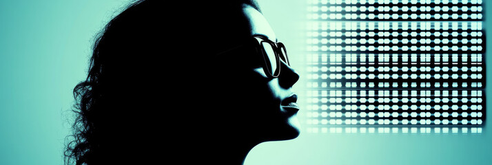 Canvas Print - Silhouette of a woman in sunglasses against a blue background with a grid of lights.