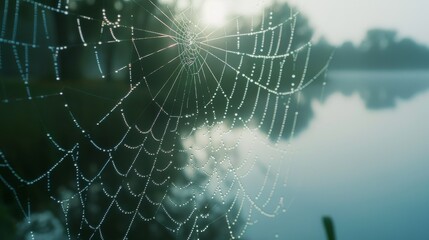 A dew-covered spider web glistens in the early morning light, set against a misty lakeside background.