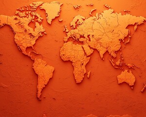 Stylized orange world map on textured surface, highlighting continents with artistic flair, perfect for travel and geography themes.