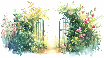 Wall Mural - Watercolor painting of a garden gate opening to a secret garden, flowers in bloom, on a white background. Enchanted Garden. Illustration