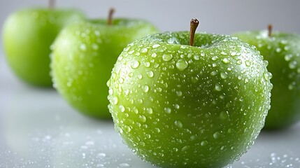 Poster - Close-up image of fresh,shiny green apples with water droplets covering the surface,showcasing the natural,healthy and crisp characteristics of this popular fruit.