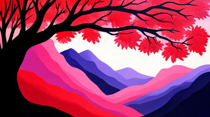 Poster - Silhouette of a tree with red leaves against a colorful mountain landscape.