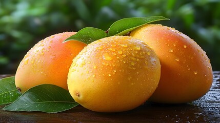 Poster - Closeup view of freshly harvested,ripe and juicy orange citrus fruits with green leaves on a wooden table or surface. The oranges have water droplets on them,giving a natural and organic appearance.