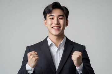 Portrait businessman in suit standing with win success isolated on white background, young asian business man is manager or executive having confident, Generative AI