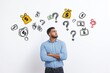 © GlooStock - A man in a blue shirt contemplates financial decisions, surrounded by hand-drawn dollar signs and money bags, symbolizing his financial considerations and doubts.