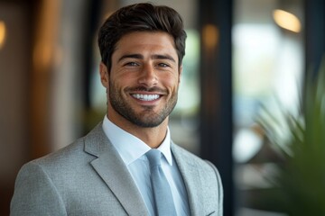 Stylish handsome commercial model business man, executive, corporate professional in modern chic suit, charming smile, Generative AI