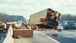 © Dmitry - A large truck tipped over, spilling cargo across the busy highway as vehicles slow down to avoid the scattered boxes. Sunlight illuminates the chaotic scene