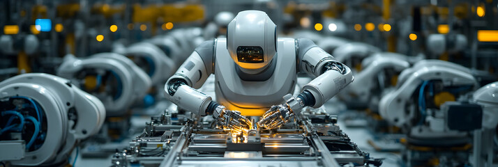Poster - Robotic arm automation in a modern industrial manufacturing factory with a conveyor belt and mechanical equipment.