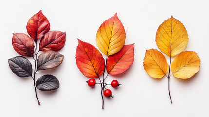 Poster - Autumn leaves in various shades of red, orange, and yellow arranged on a white background.