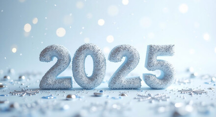 Celebrate the New Year 2025 with glitter, snowflakes and confetti in white, blue and silver 