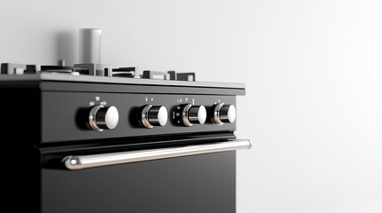 A classic freestanding gas oven with a shiny black finish and chrome knobs, positioned against a pure white background, showcasing its traditional design and cooking capabilities.