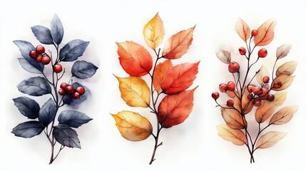 Canvas Print - Watercolor painting of three branches with red berries and leaves in various shades of fall colors.