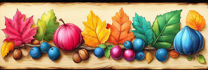 Canvas Print - Colorful autumn leaves and fruits arranged on a wooden surface.