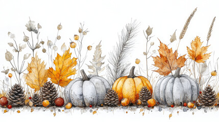 Sticker - Watercolor painting of pumpkins and fall foliage.