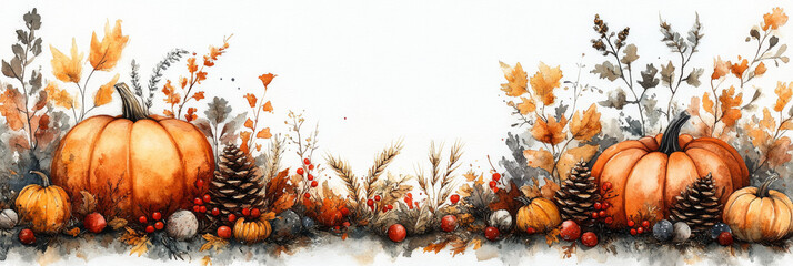 Sticker - Watercolor painting of pumpkins with fall foliage.