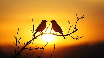 Wall Mural - silhouetted two birds on branches against a golden sky at sunset, symbolizing companionship, peace, and the beauty of nature during a serene moment 