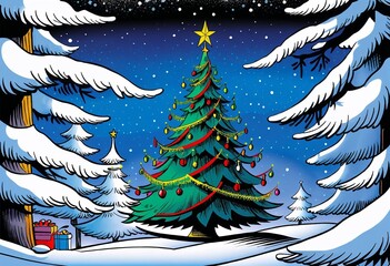 Christmas tree with festive decorations in snowy forest, vibrant comic book style, holiday scene