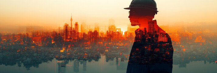 Canvas Print - Silhouette of a man wearing a hard hat against a city skyline.