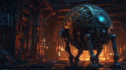 A steampunk robot stands in a dimly lit industrial environment.