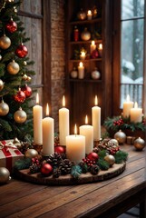 Christmas background with wooden decorations and candles free space for text christmas background Ultra realistic Photorealistic picturesque scenery