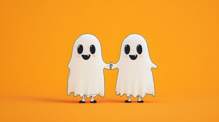 Sticker - Two happy ghosts holding hands on an orange background, a spooky and charming illustration perfect for halloween projects