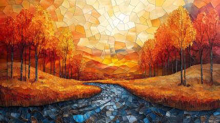 Canvas Print - A mosaic-style artwork depicting a river winding through a colorful autumn forest.