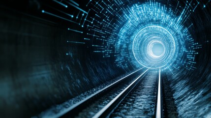 Futuristic Digital Tunnel With Railway Tracks And Glowing Lights