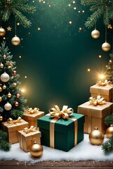 Wall Mural - christmas tree, gift boxes with golden ribbons, festive decorations, sparkling lights, winter holida