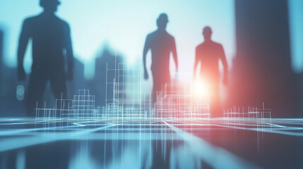 Canvas Print - Silhouettes of three people walking on a grid-like surface with a city skyline in the background.