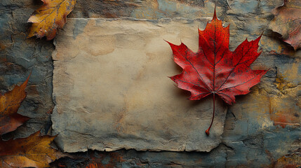 Canvas Print - Red maple leaf on old paper with copy space.