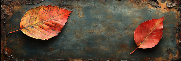 Canvas Print - Two autumn leaves on a rustic background.