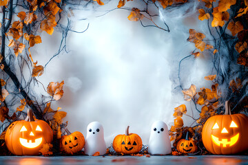 Wall Mural - Decorative border with pumpkins and cute ghosts and autumn foliage. Background for Halloween with Pumpkin