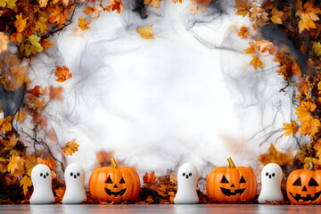 Wall Mural - Decorative border with pumpkins and cute ghosts and autumn foliage. Background for Halloween with Pumpkin