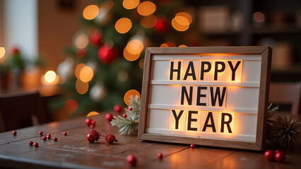 A sign that reads Happy New Year blurred background, festive decorations.