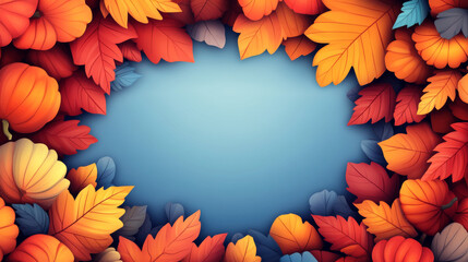 Canvas Print - Autumn leaves frame a blue background.