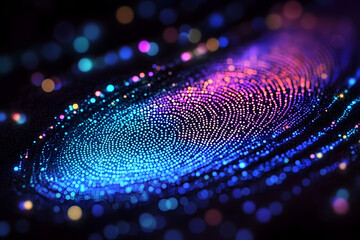 Sticker - Colorful fingerprint design created with glowing dots against a dark background