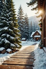 Wall Mural - Old wood texture with snow and firtree christmas background Ultra realistic Photorealistic picturesque scenery