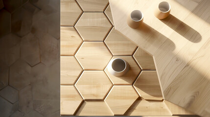 Sunlit hexagonal wooden tiles and cylindrical cups on a matching wooden surface, creating a warm and modern aesthetic.