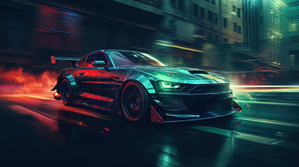 Wall Mural - Street racing scene with sport car in neon lights. Speed lines and light trails of night urban drive.