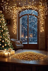 Wall Mural - christmas interior, warm cozy room, decorated christmas tree, glowing string lights, large window wi