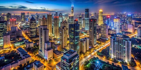 Aerial View of Shanghai's Skyline at Twilight, Captured with a Long Exposure, Urban Landscape, China, Night Cityscape, City Lights, High Rise Buildings