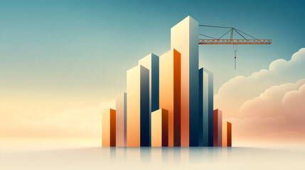 Wall Mural - A construction crane hovers over a city skyline at sunset.