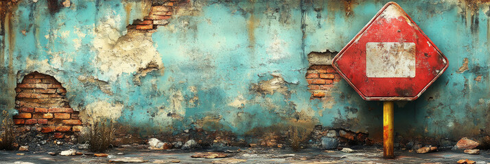 Canvas Print - Rusty red stop sign against a weathered blue wall.