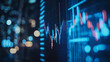 © The Pixel Store - Macro close-up of a stock market investment trading chart displayed in blue, analyzing data with candlestick graphs, Ai